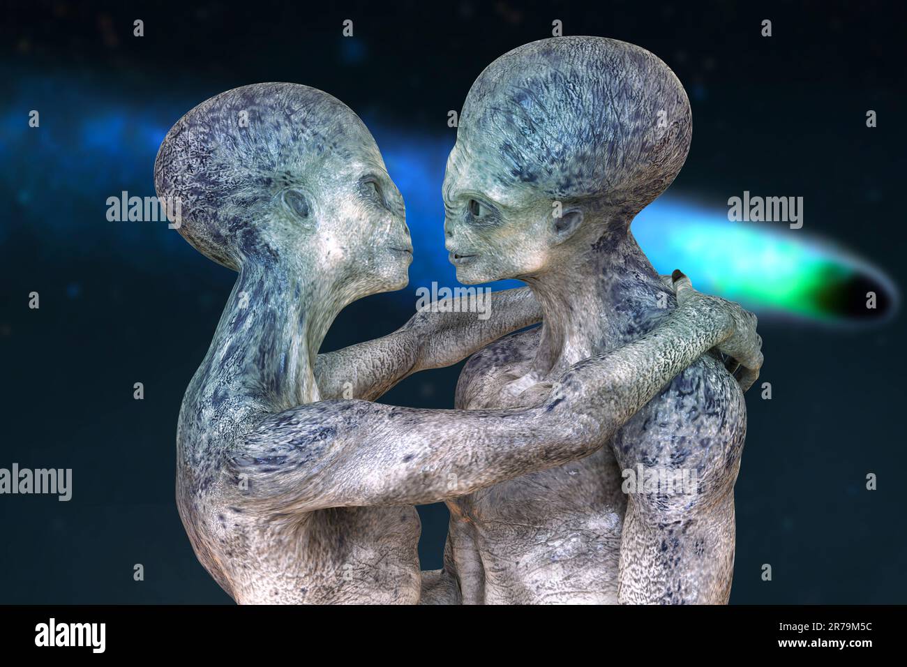 Aliens love, 3D illustration. A couple of humanoid aliens hugging each ...