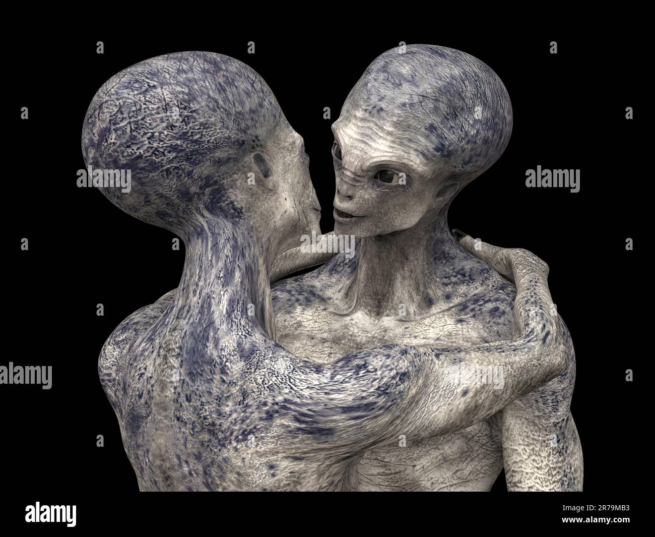 Aliens love, 3D illustration. A couple of humanoid aliens hugging each ...
