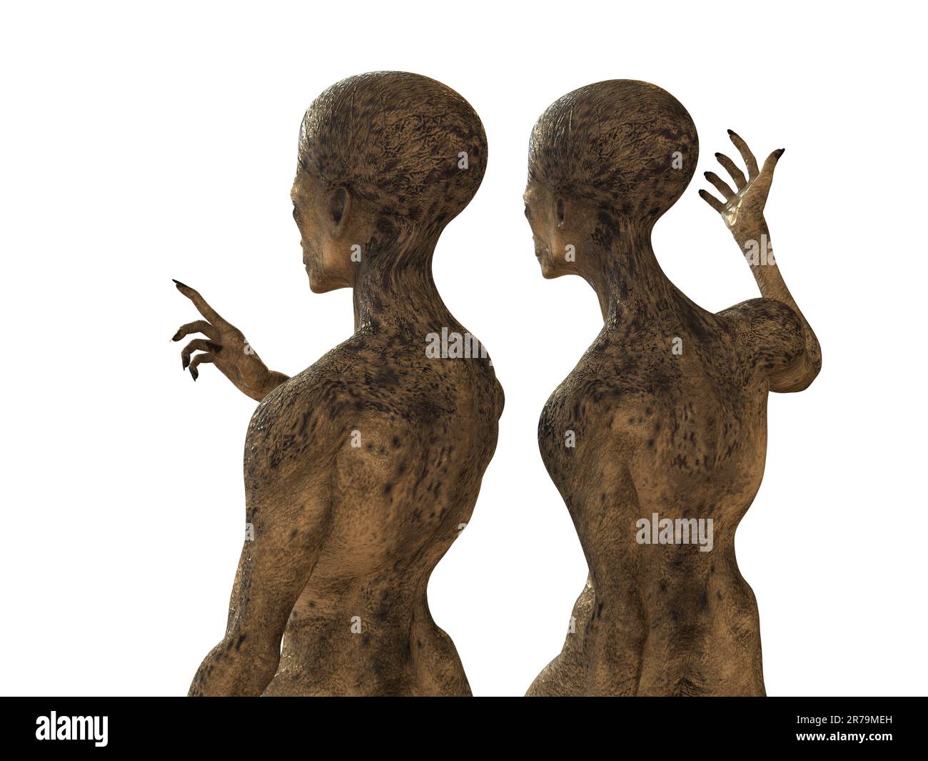 Two humanoid aliens talking between themselves with photo realistic highly detailed skin texture, back view, 3D illustration Stock Photo