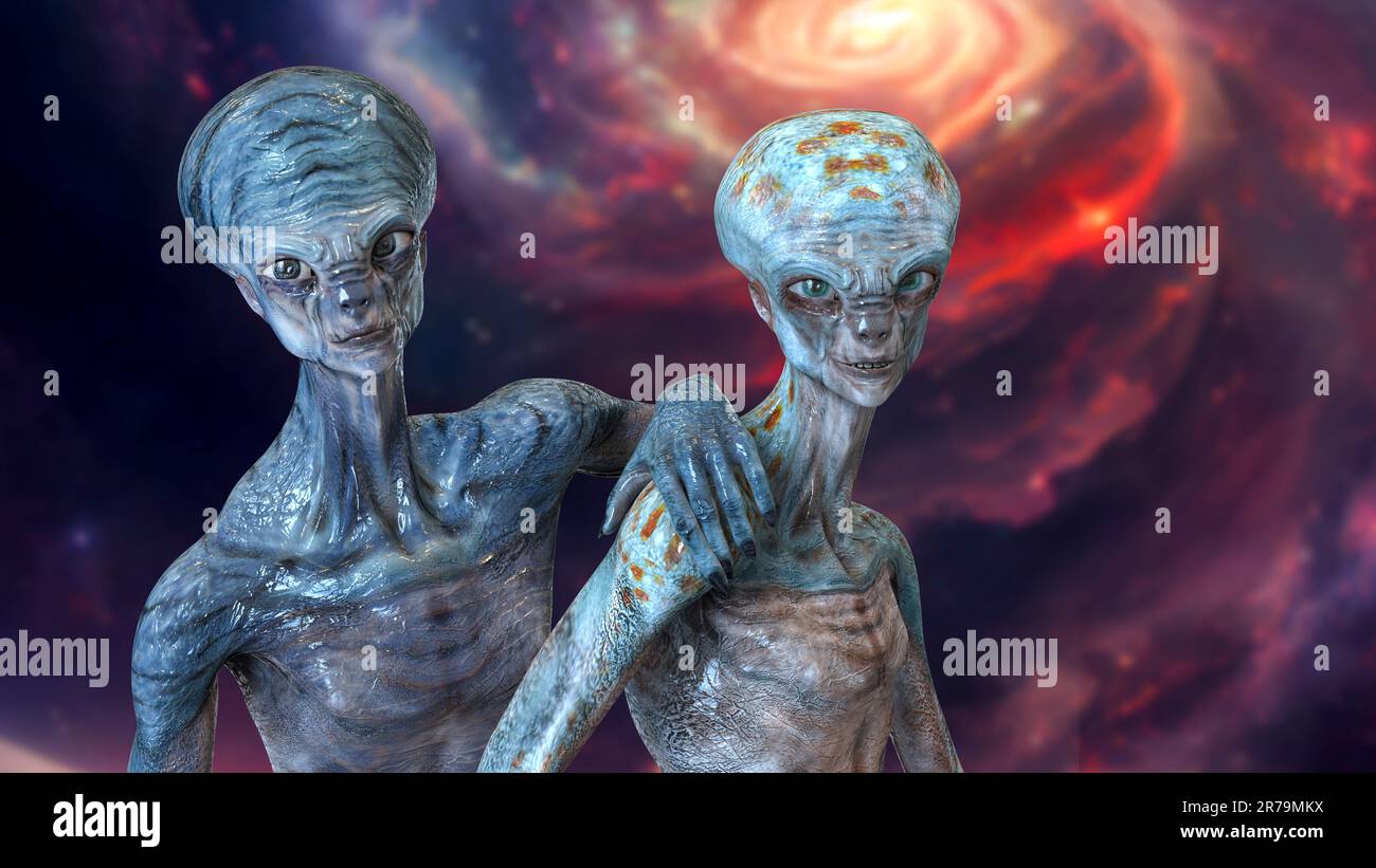 Two humanoid aliens looking at camera with photo realistic highly ...