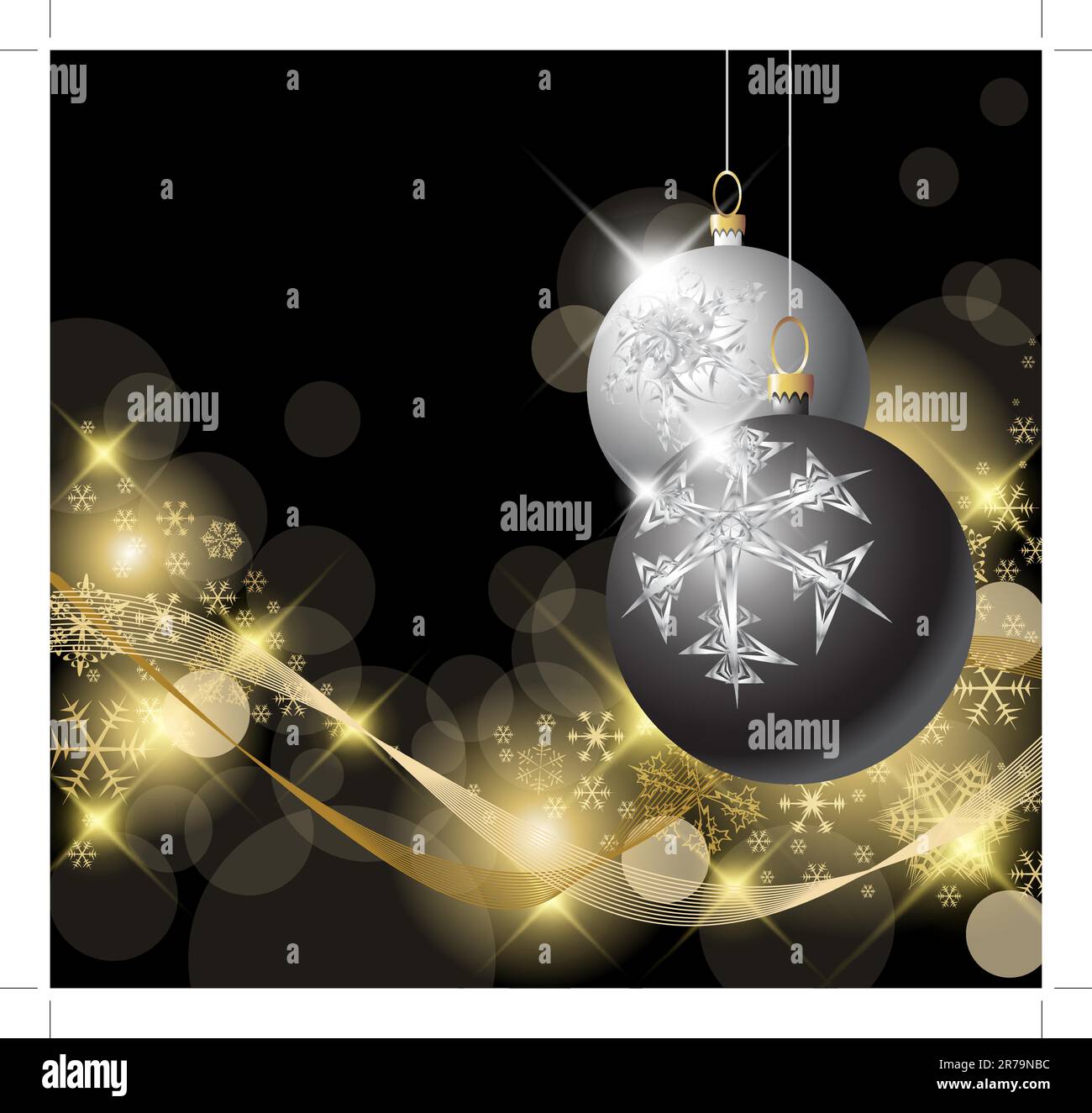 Black and Silver Christmas bulbs with golden snowflakes Stock Vector