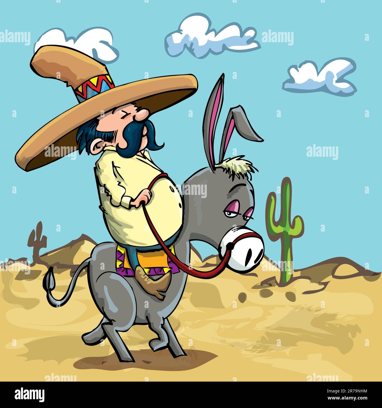 Cartoon Mexican wearing a sombrero riding a donkey in the desert Stock ...