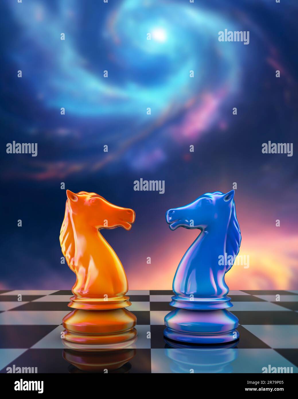 Chess knights on chess board and space background, 3D illustration Stock Photo