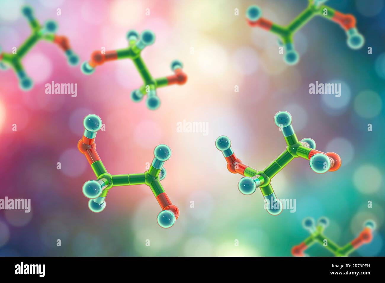 Ethylene glycol molecules, 3D illustration. An organic compound used in the manufacture of polyester fibers and for antifreeze formulations in the coo Stock Photo