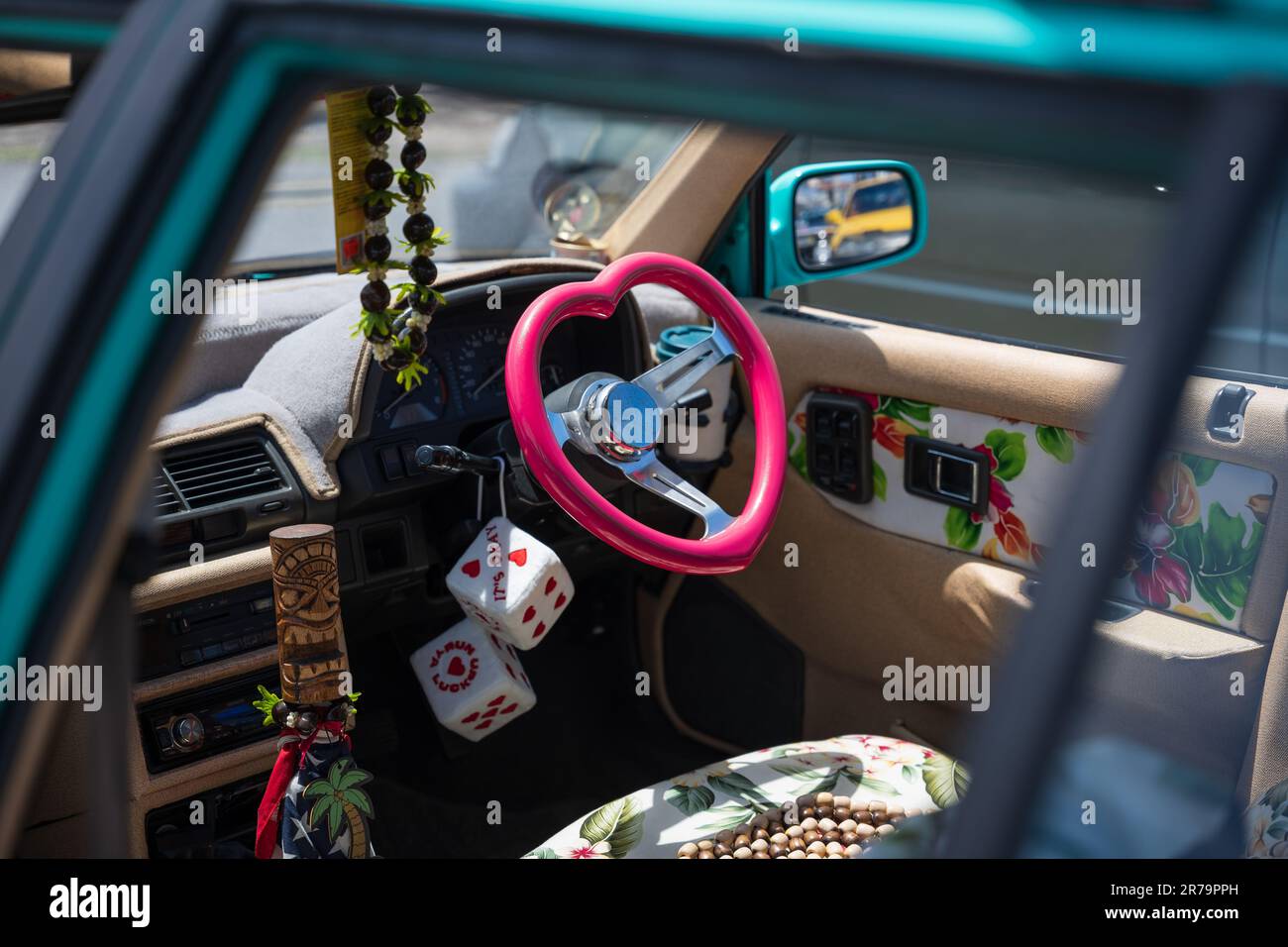 An interior shot of a decorated Japanese sports car. Stock Photo
