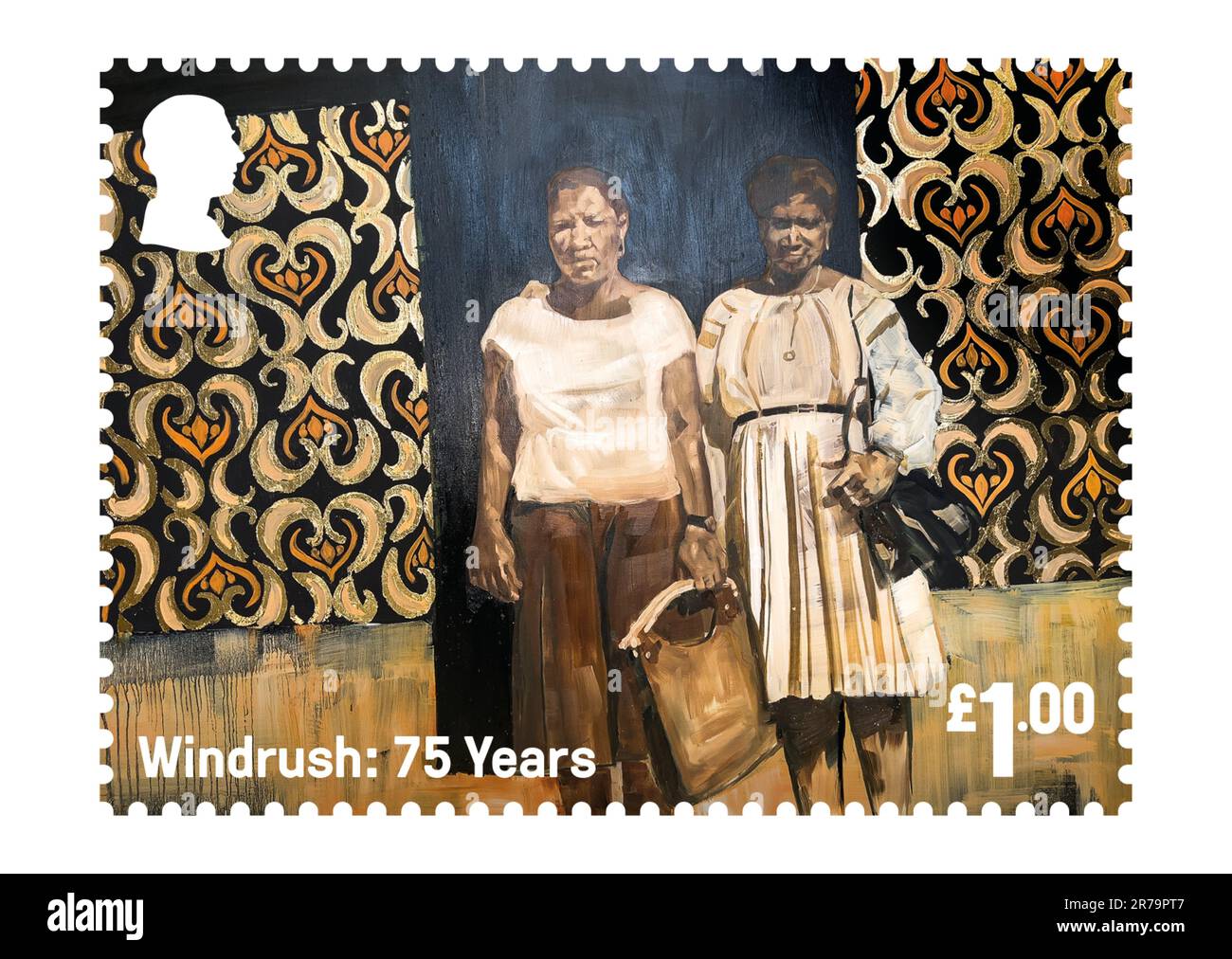 Undated handout photo issued by Royal Mail of 'Basking in the sun after a hard work day' one of a new set of stamps released by Royal Mail making the 75th Anniversary of the arrival of MV Empire Windrush to the UK on 22nd June 1948. Issue date: Thursday June 15, 2023. Stock Photo