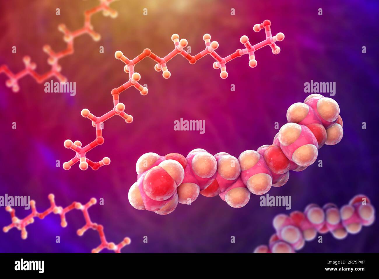Polyethylene glycol (PEG). Hexaethylene glycol molecule, 3D ...