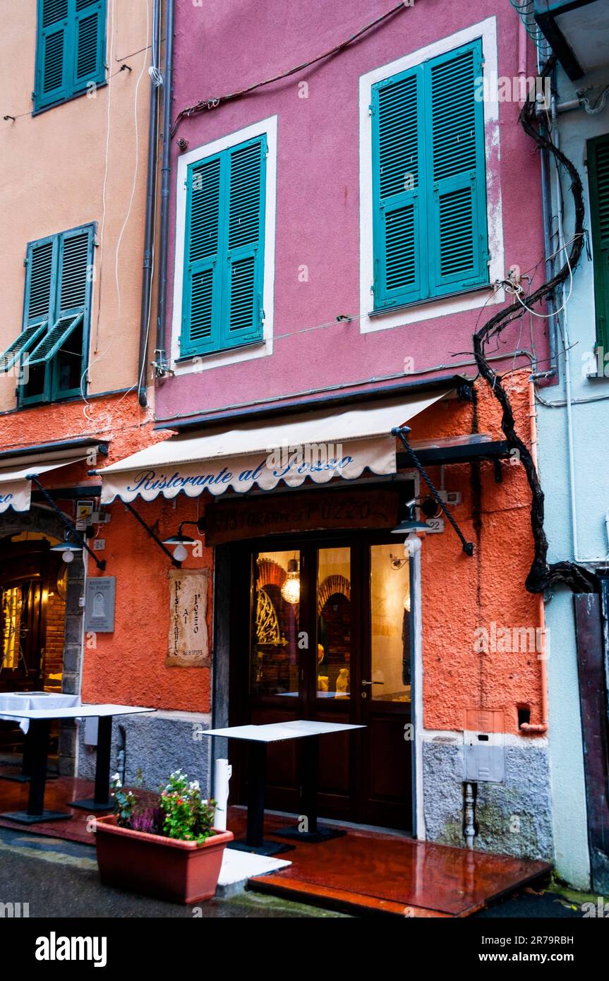 Colorful Borgo Antico restaurant in Monterossa al Mare in Cinque Terre on the Italian Riviera in Northern Italy. Stock Photo