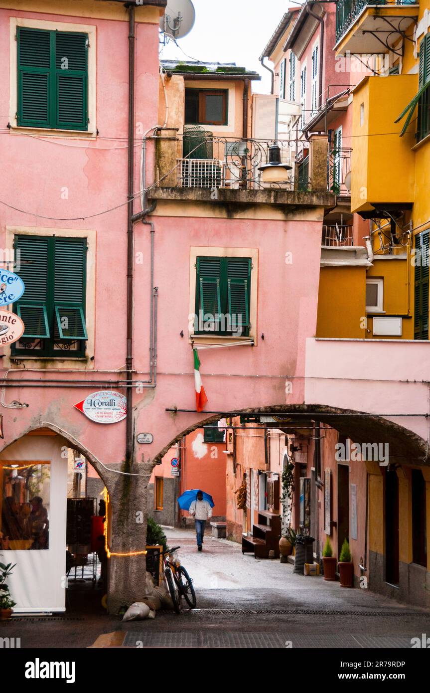 Colorful tower houses in Monterossa al Mare in Cinque Terre on the