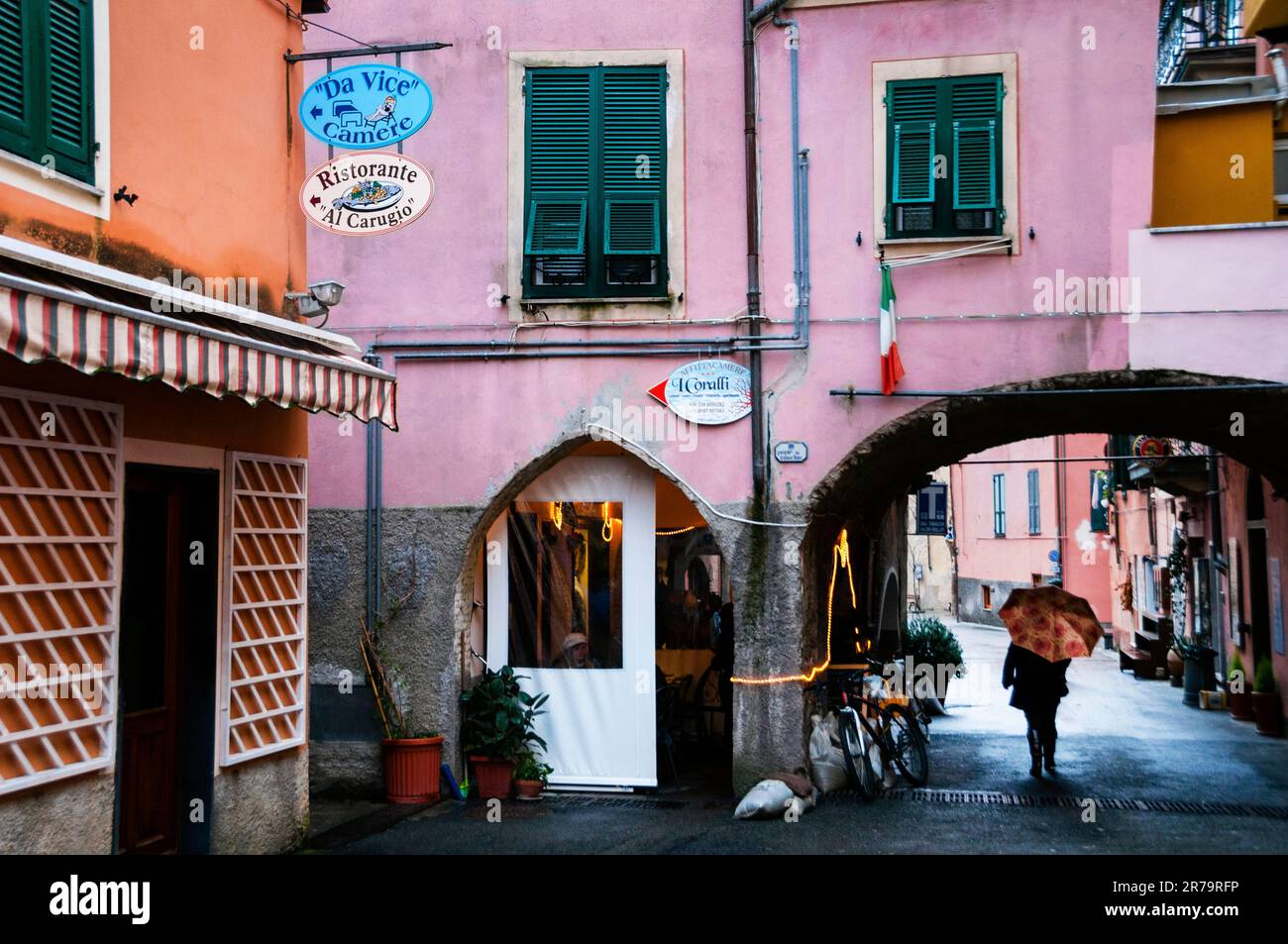 Colorful tower houses in Monterossa al Mare in Cinque Terre on the