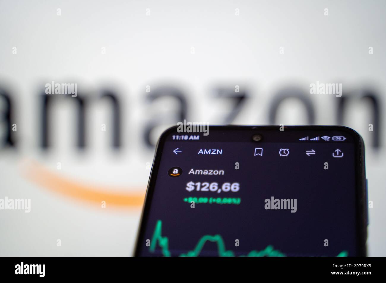 Stock market graph of Amazon company on smartphone screen.