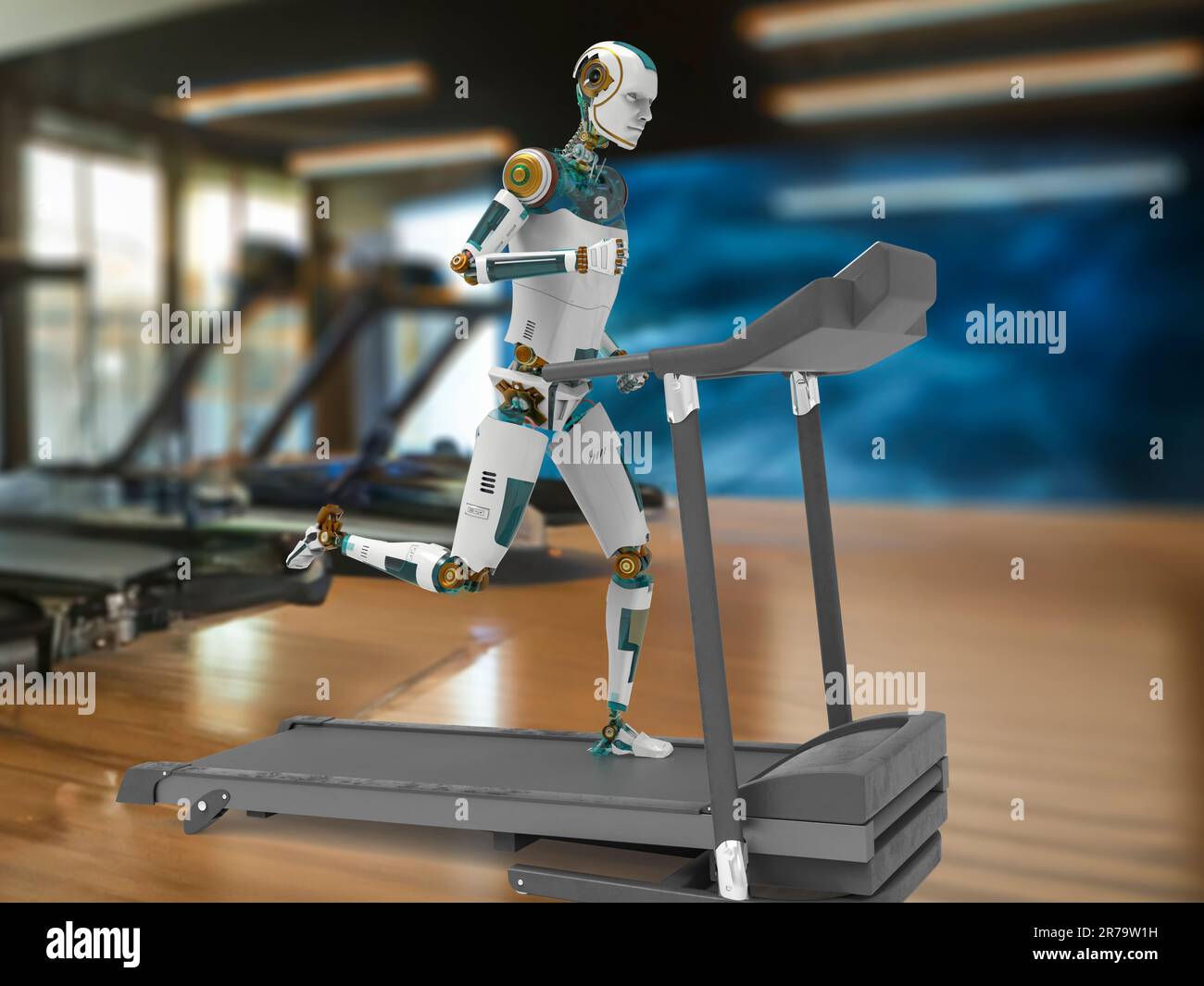 Humanoid robot running on a treadmill in a gym, 3D illustration ...