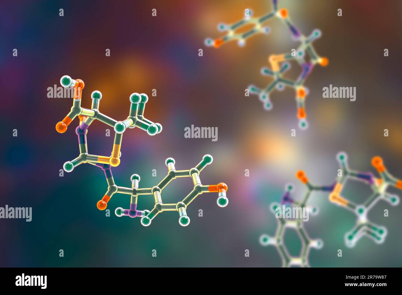 Molecular model of amoxicillin, an antibiotic used to treat a number of bacterial infections