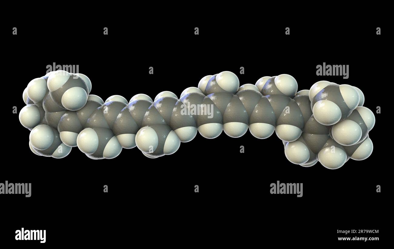 Molecular model of betacarotene pigment, precursor to vitamin A, 3d