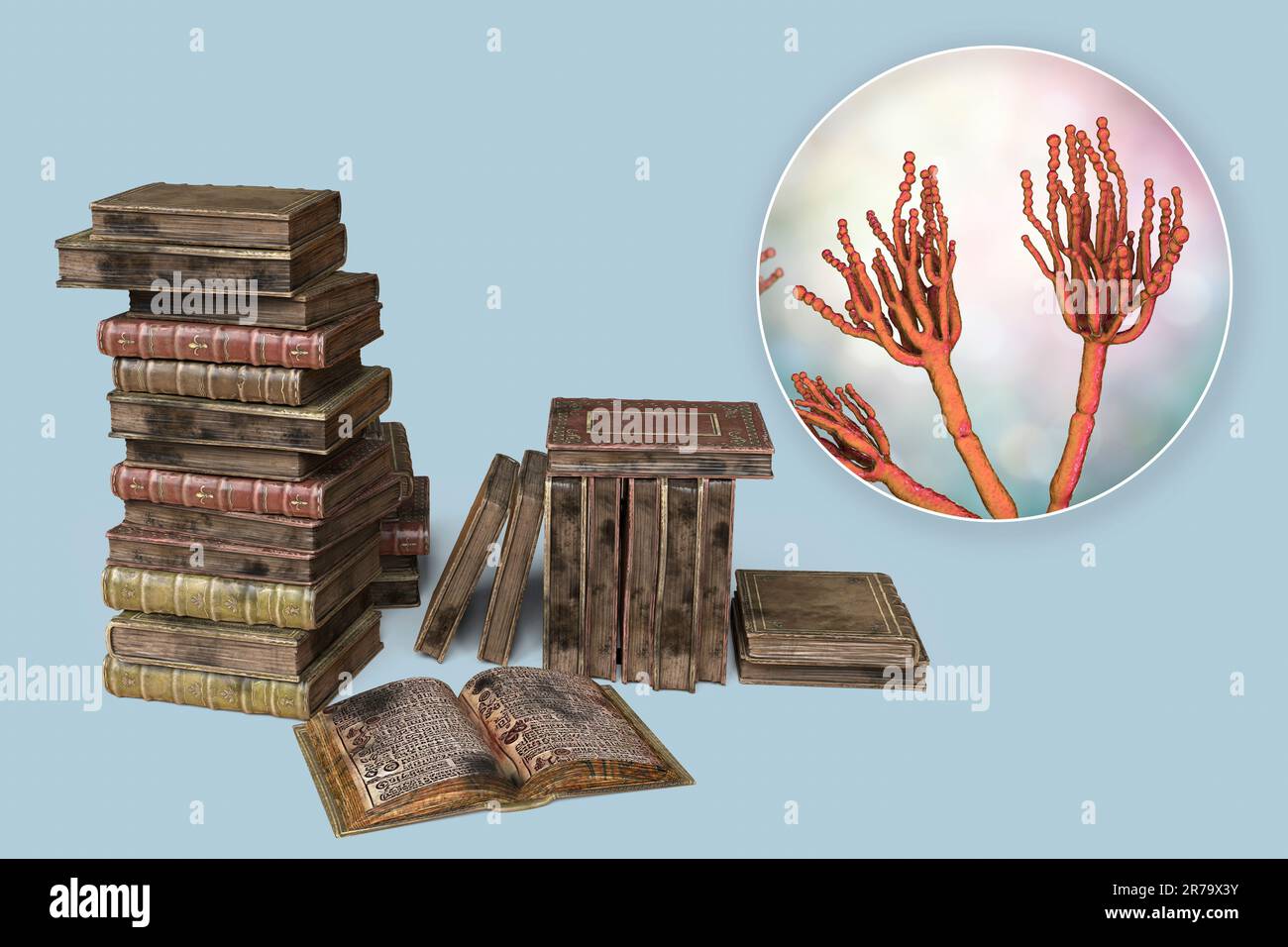 Mold in old books, conceptual 3D illustration. Antique books and close