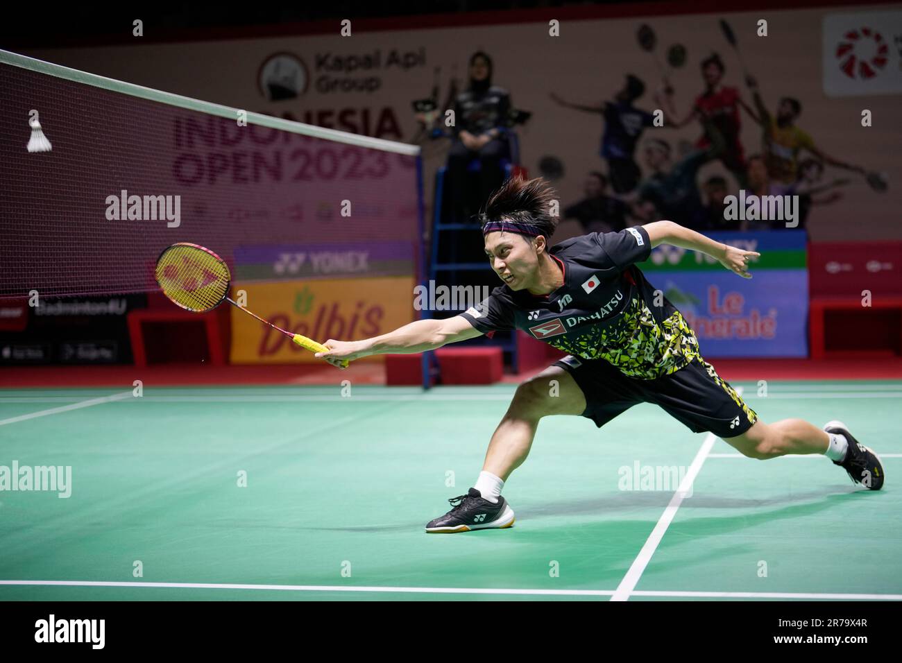 Japans Kodai Naraoka plays against Denmarks Anders Antonsen during their mens singles round of 32 match at Indonesia Open badminton tournament at Istora stadium in Jakarta, Indonesia, Wednesday, June 14, 2023