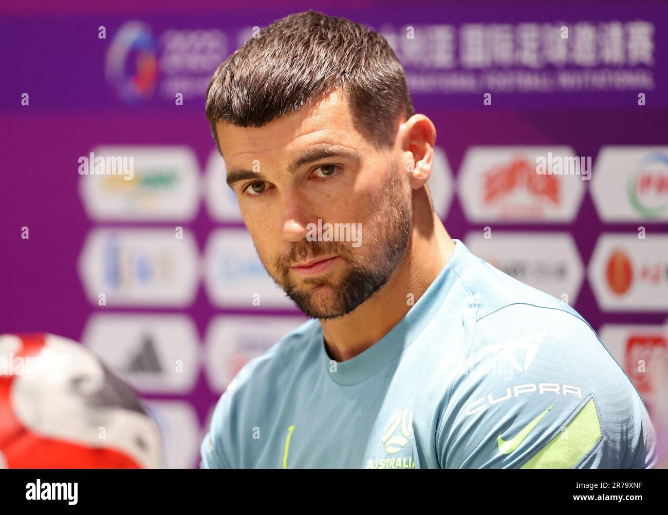 Beijing, China. 14th June, 2023. Mathew Ryan of Australia attends a press conference ahead of the international match between Argentina and Australia at Workers' Stadium in Beijing, capital of China, June 14, 2023. Credit: Jia Haocheng/Xinhua/Alamy Live News Stock Photo