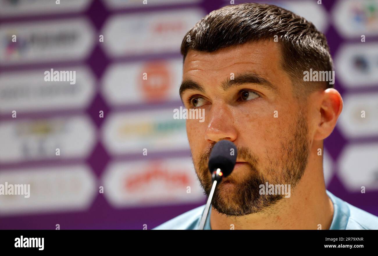 Beijing, China. 14th June, 2023. Mathew Ryan of Australia speaks during a press conference ahead of the international match between Argentina and Australia at Workers' Stadium in Beijing, capital of China, June 14, 2023. Credit: Wang Lili/Xinhua/Alamy Live News Stock Photo
