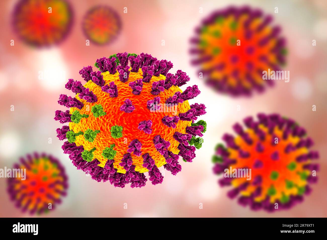 Influenza viruses. 3D illustration showing surface glycoprotein spikes hemagglutinin purple and neuraminidase green Stock Photo