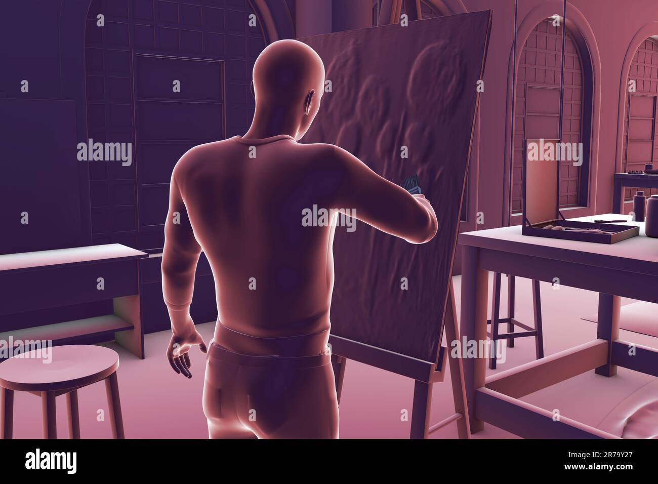 Man artist is painting on canvas in studio, 3D illustration. Stock Photo