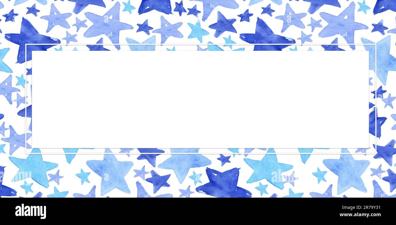 Rectangular frame of blue and blue watercolor stars. Watercolor ...