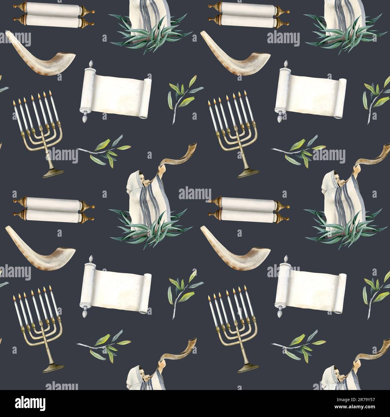 Dark blue Yom Kippur watercolor seamless pattern with menorah, candles, man in tallit blowing shofar and Torah scroll Stock Photo