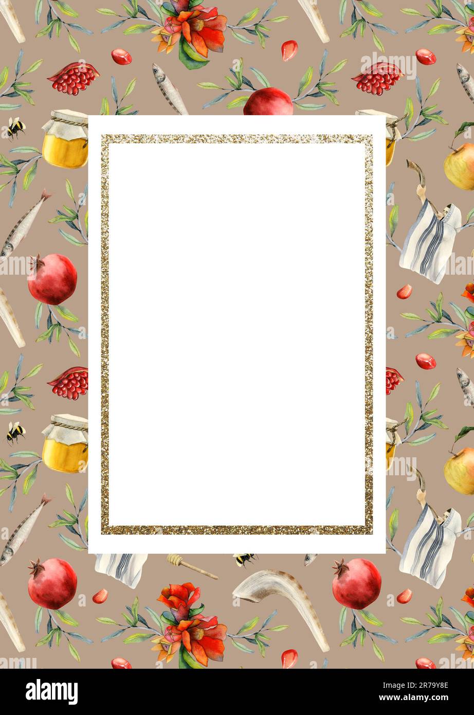 Beige and red Rosh Hashanah greeting card template watercolor illustration for Jewish New year. Suits for A6 Stock Photo