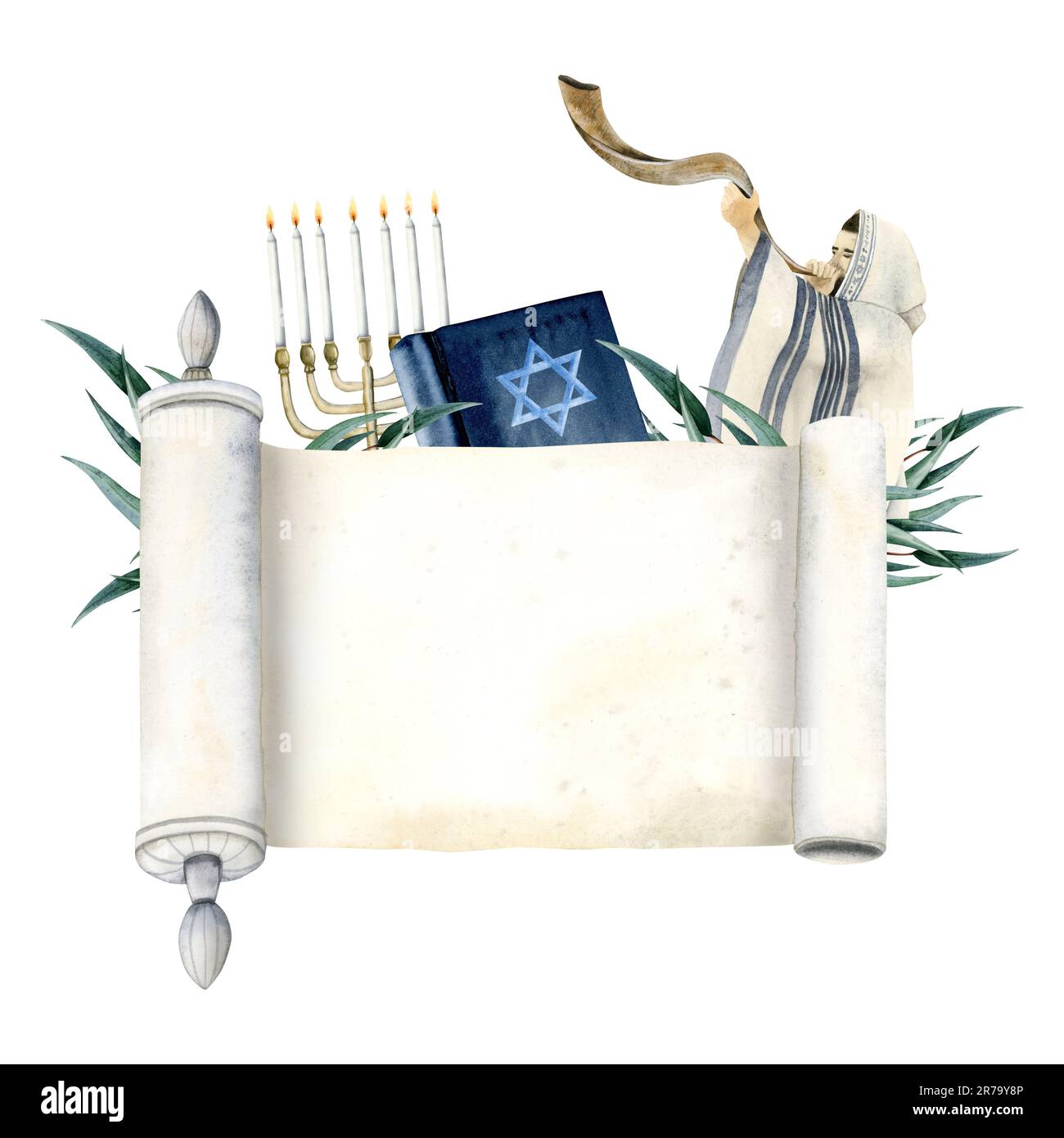 Blank Torah scroll with Yom Kippur symbols banner template watercolor illustration for Jewish New year and Atonement day Stock Photo