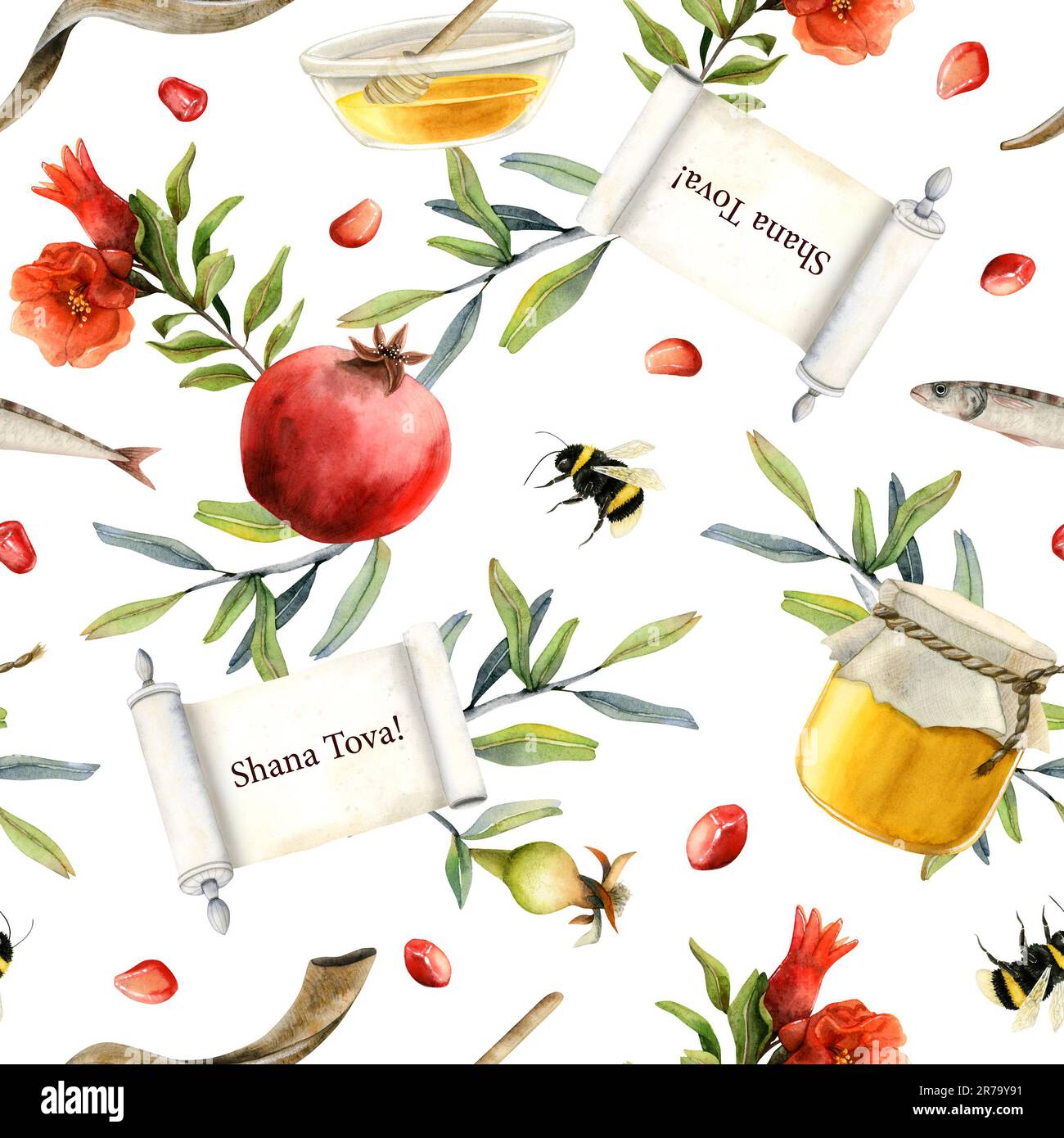 Shana Tova watercolor seamless pattern on white for Rosh Hashanah ...
