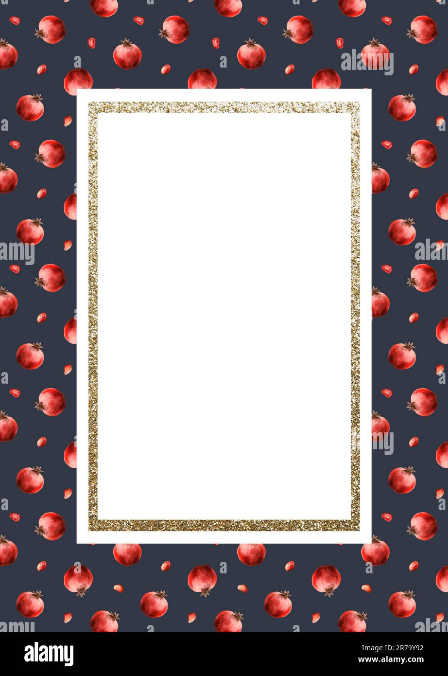 Dark blue and red pomegranate fruits greeting card template watercolor illustration with golden frame and copyspace Stock Photo