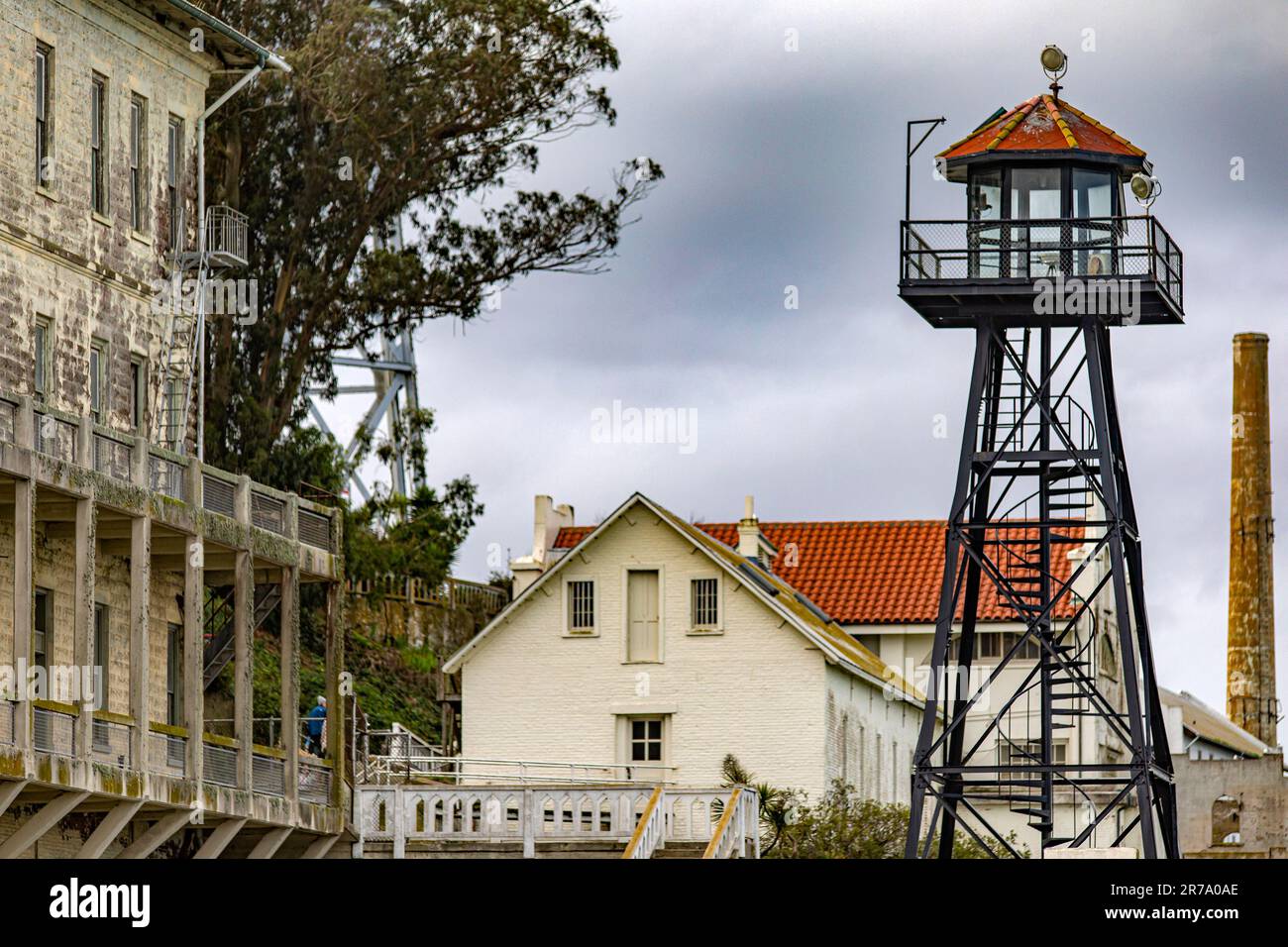 Photo of barracks and watchtower of the federal prison on Alcatraz Island of the United States of America in the bay of San Francisco, California, USA Stock Photo