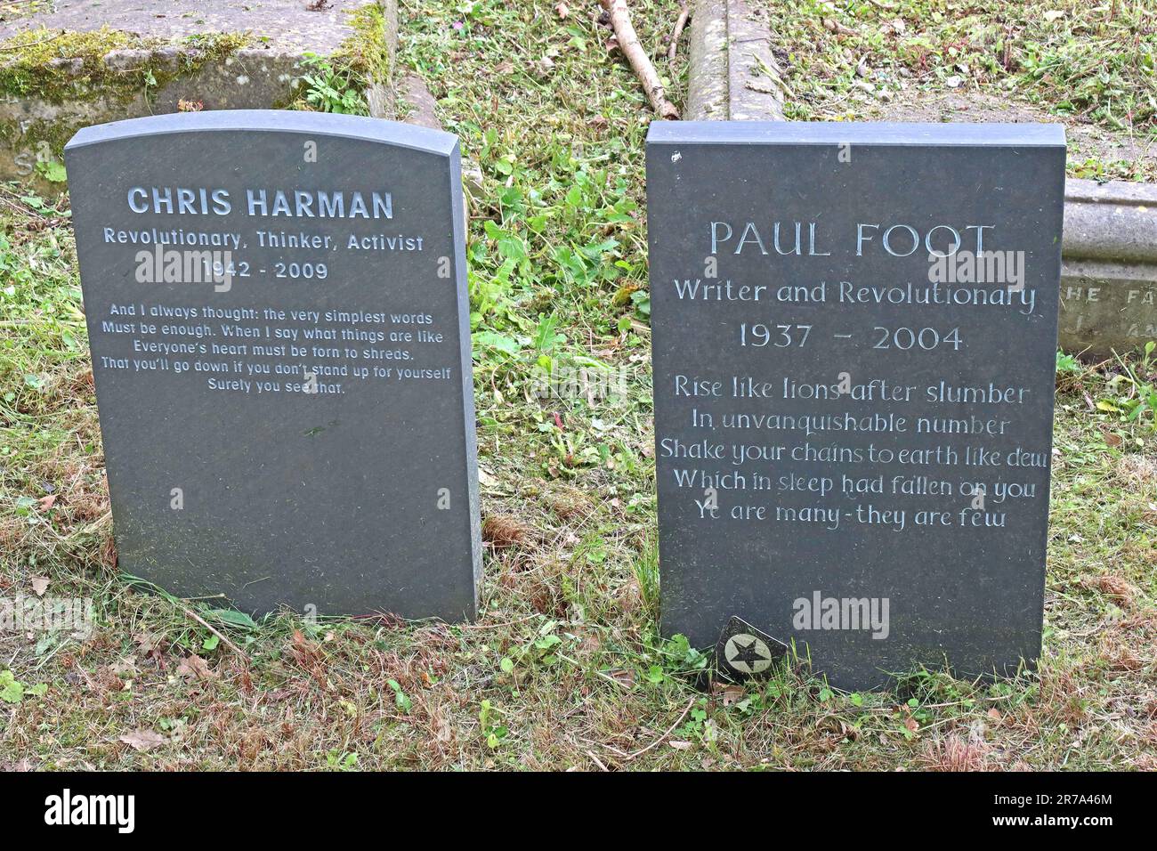 Grave of Chris Harman Paul Foot, revolutionary, activist, writer , buried in Highgate Cemetery, near Karl Marx, London, Swain's Lane, N6 6PJ Stock Photo