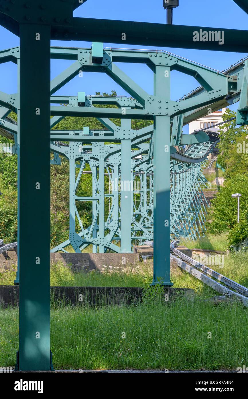 Dresden’s Schwebebahn takes passengers up to the top vantage point over the river Elbe. It’s is a suspension railway that hangs from the gantry above. Stock Photo