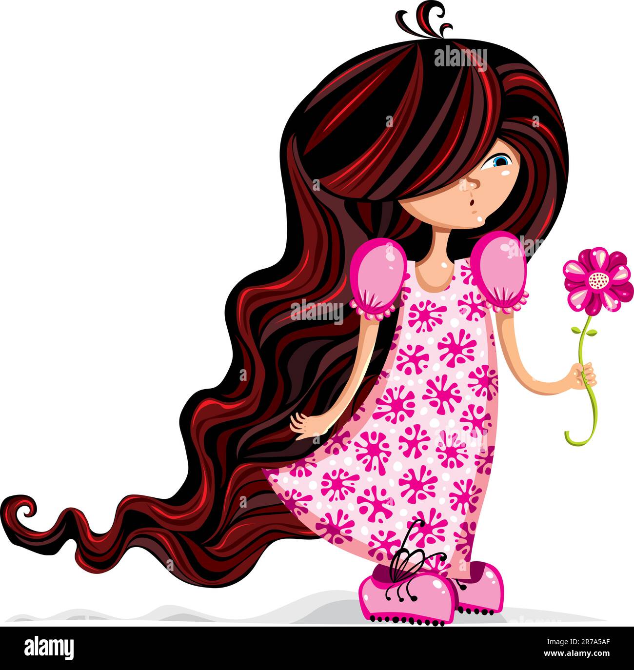 Little girl with flower cartoon style illustration. Stock Vector