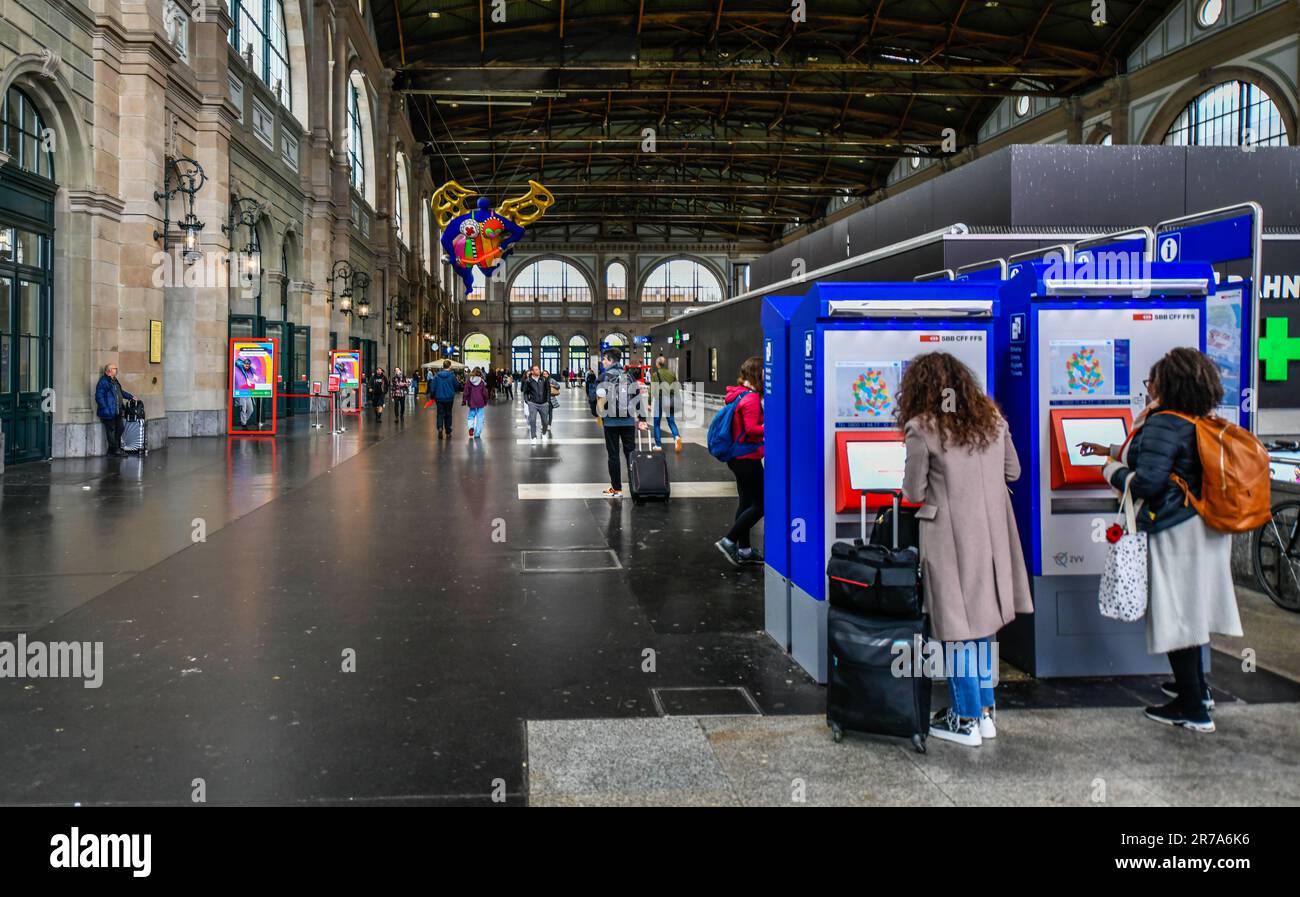Zurich - May 15,2023 : self-service train Ticket automates in the hall of Zurich main railway station. Zurich central train station (Zurich Hauptbahnh Stock Photo