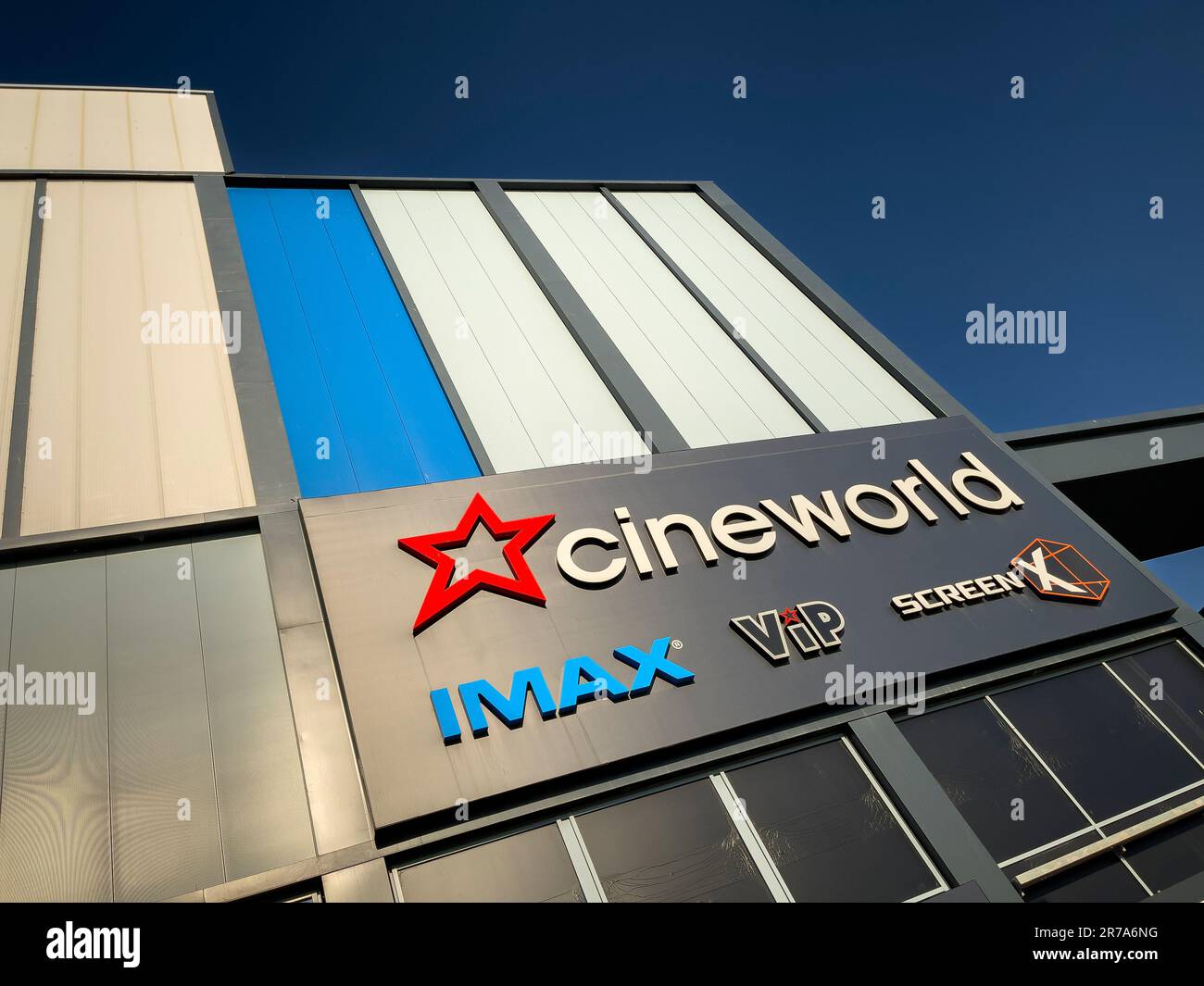 Exterior façade of the Cineworld multiplex cinema situated in York Stadium Leisure Complex. UK Stock Photo
