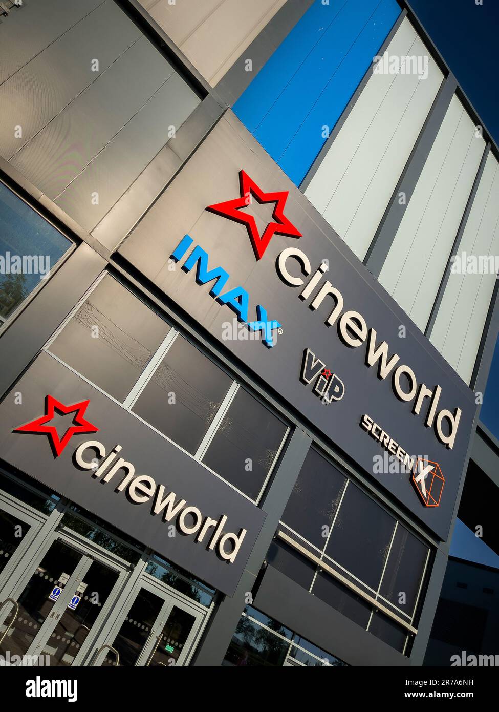 Exterior façade of the Cineworld multiplex cinema situated in York Stadium Leisure Complex. UK Stock Photo
