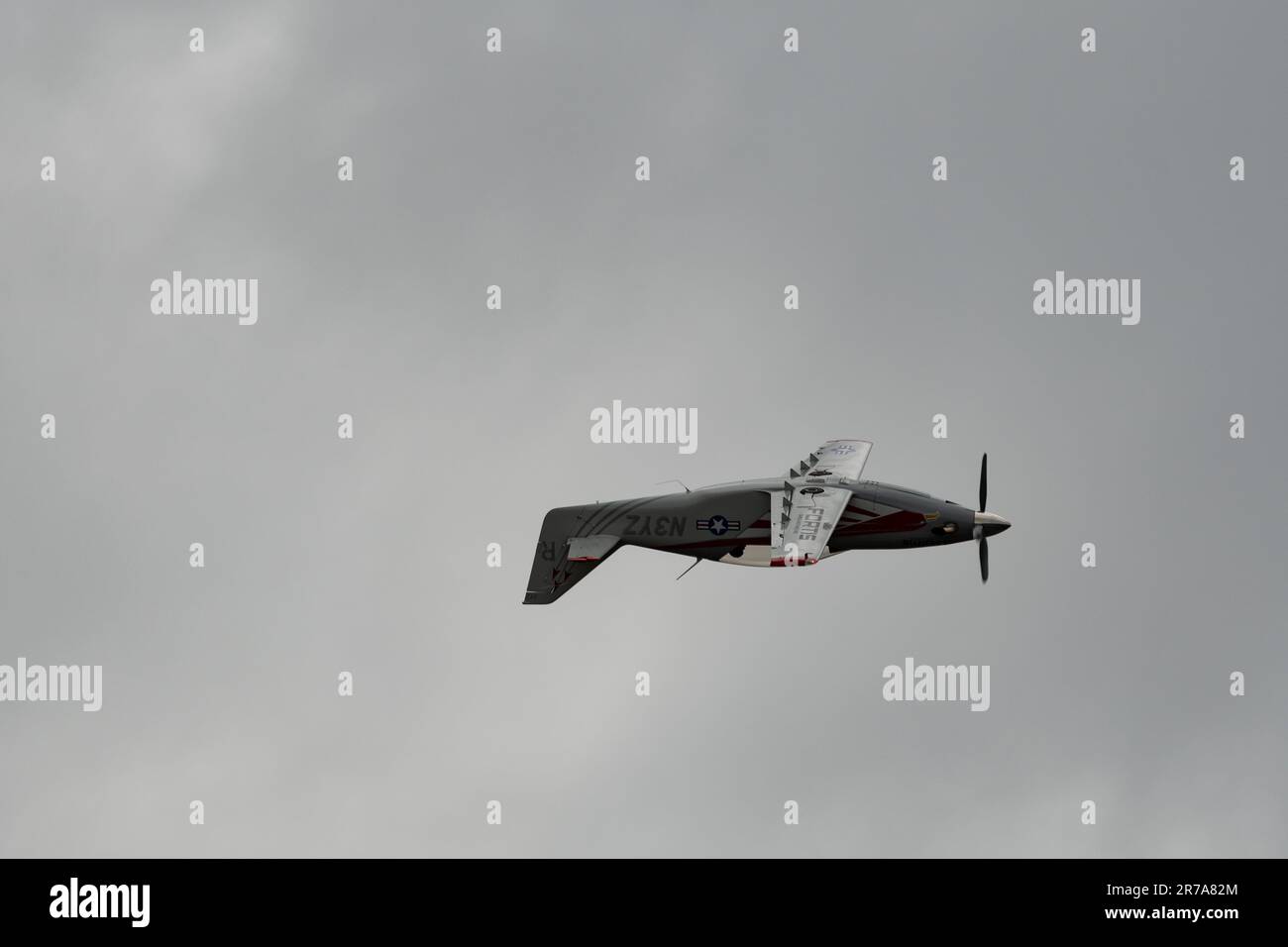 Rhine Valley, Saint Gallen, Switzerland, May 20, 2023 N-3YZ Amateur turbine legend propeller airplane performance during an air show seen from the top Stock Photo