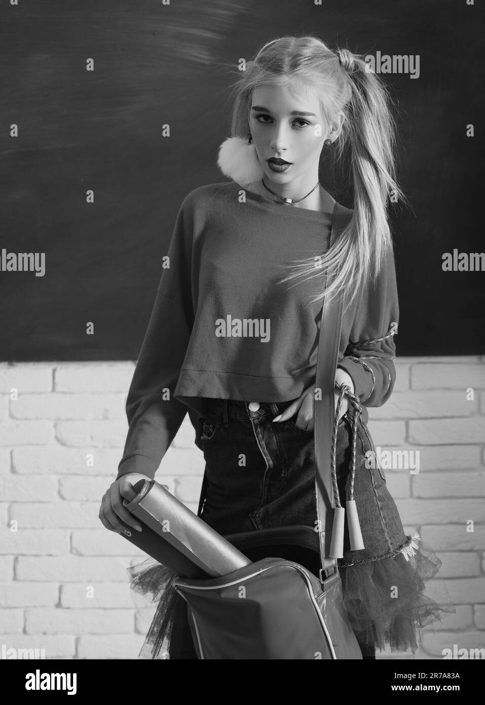 Colorful trendy vibes. School uniform. Fashion hipster girl with girl