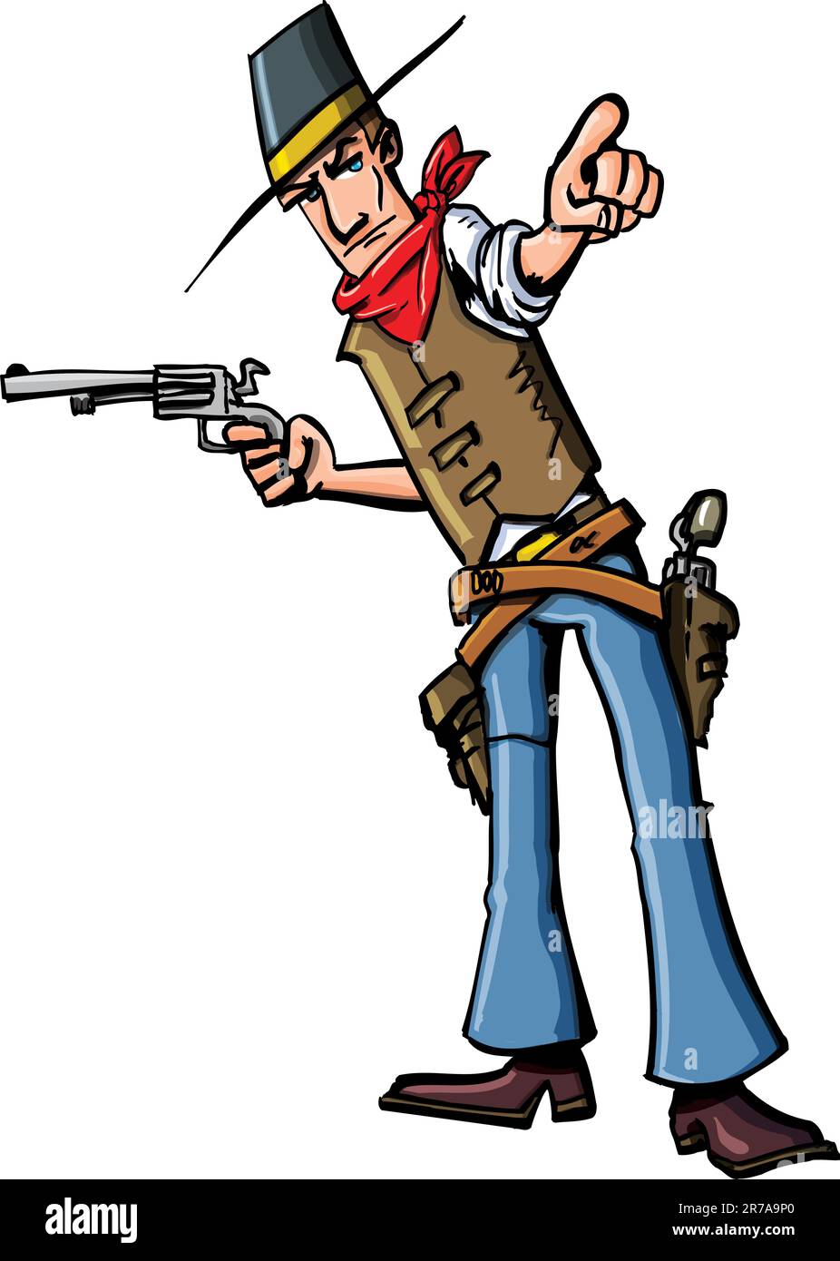 Cartoon cowboy pointing. He has a gun in his other hand Stock Vector