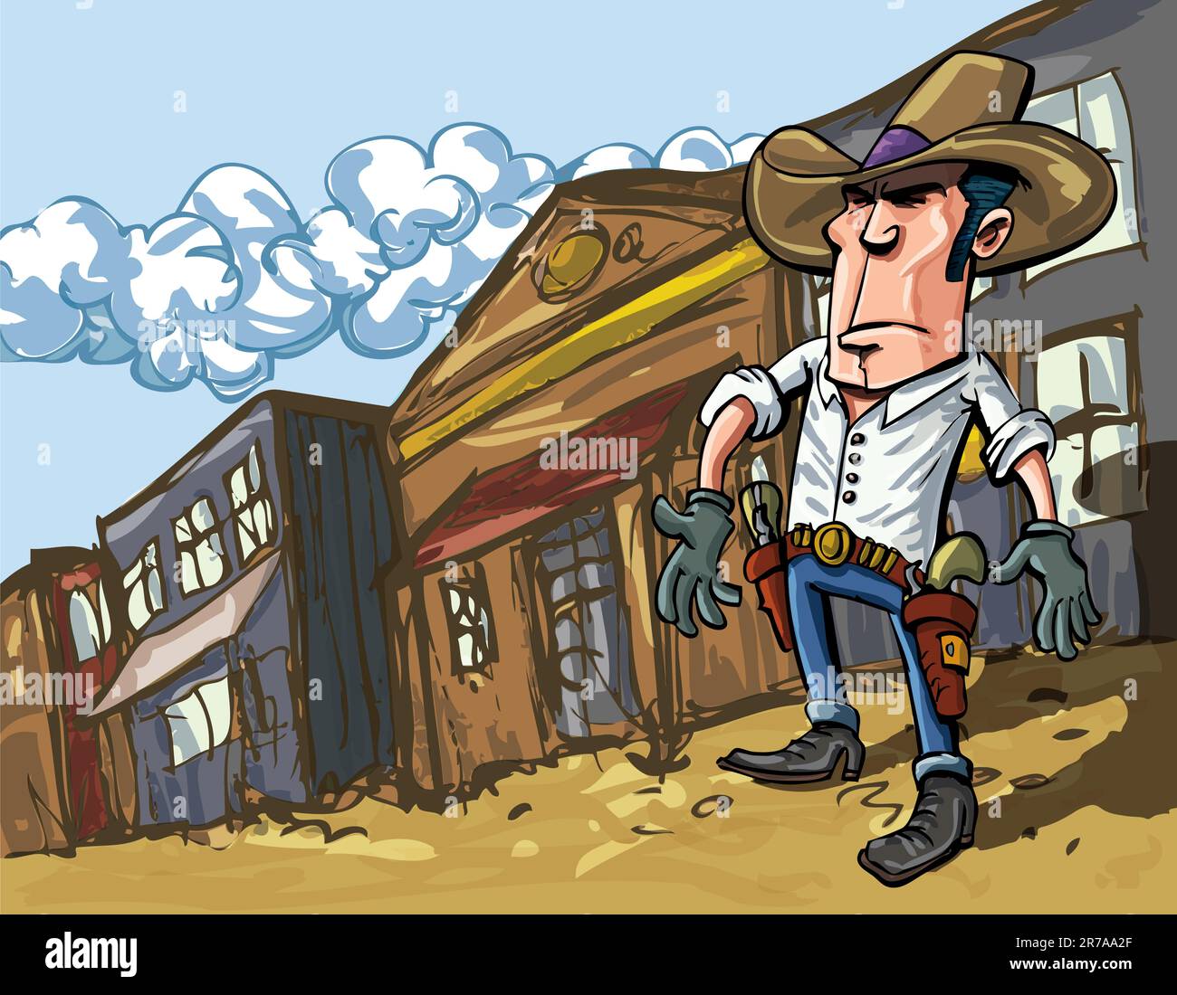 Cartoon cowboy casts a shadow in the dusty streets of a old west town Stock Vector
