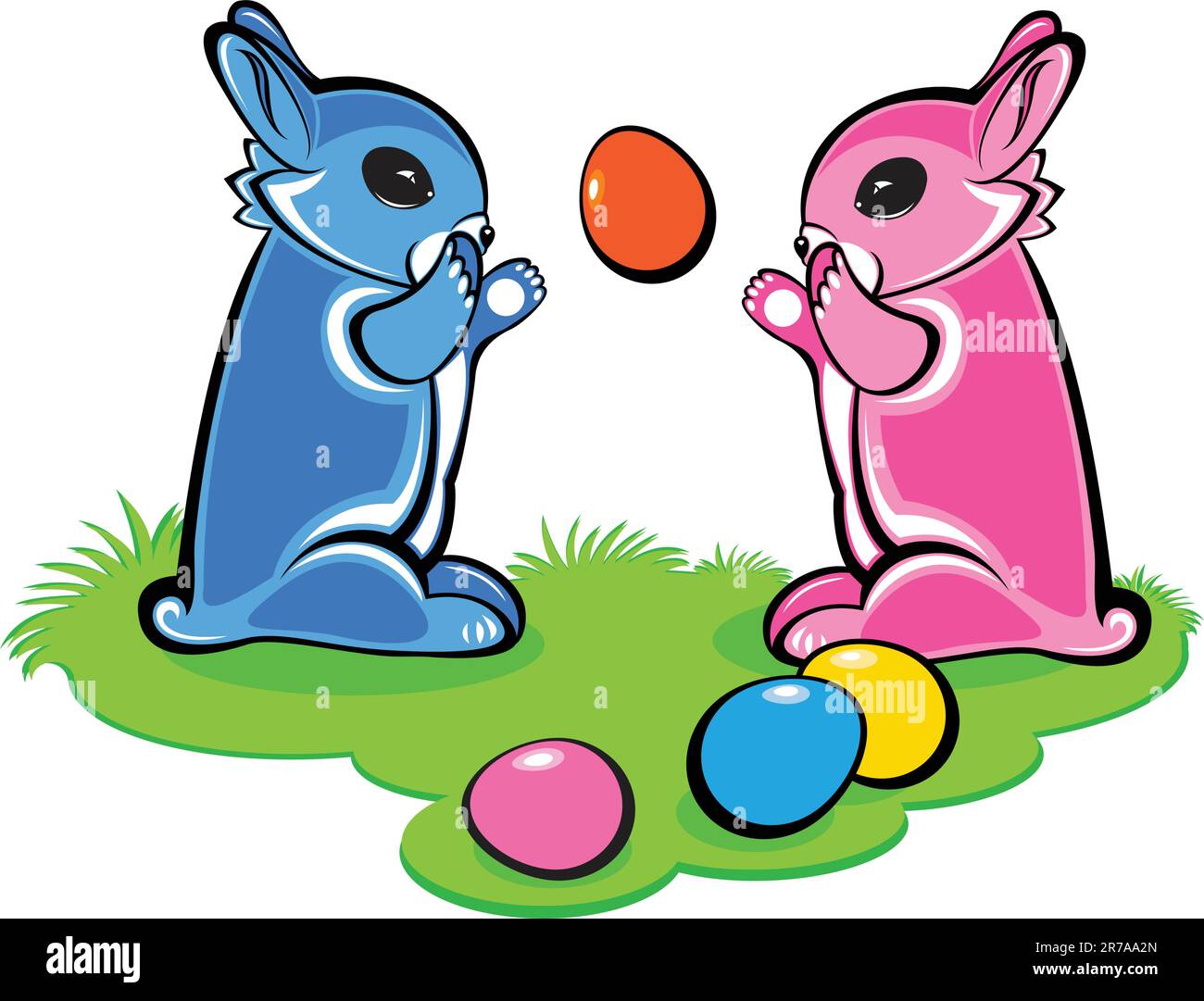 Two Easter Bunnies breaking eggs isolated on white Stock Vector