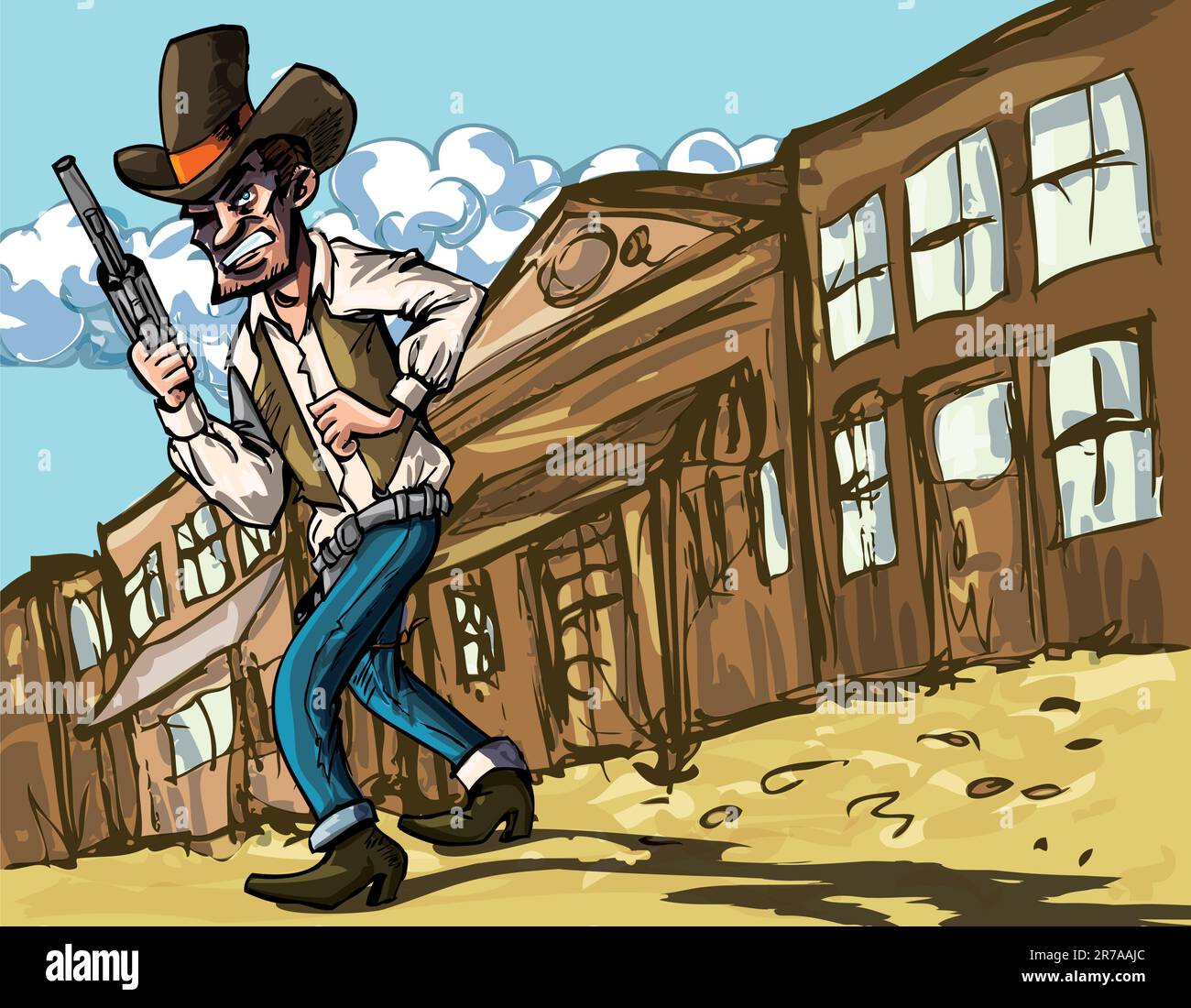 Cartoon cowboy with sixguns . Town street in the background Stock Vector