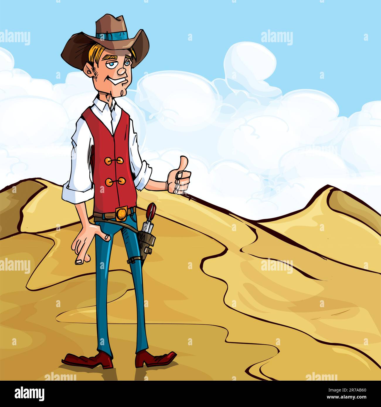 Cartoon cowboy giving a thumbs up gesture. He is standing in the desert Stock Vector