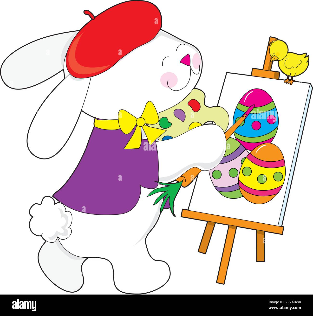 A bunny dressed as an artist is painting a portrait of Easter eggs. He