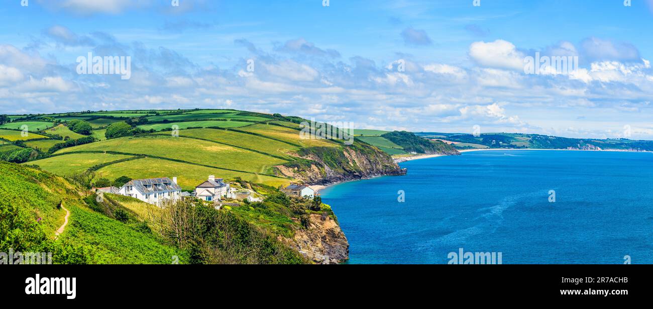Sea Fret over Cliffs, Start Point Lighthouse, Trinity House and South West Coast Path, Devon, England Stock Photo