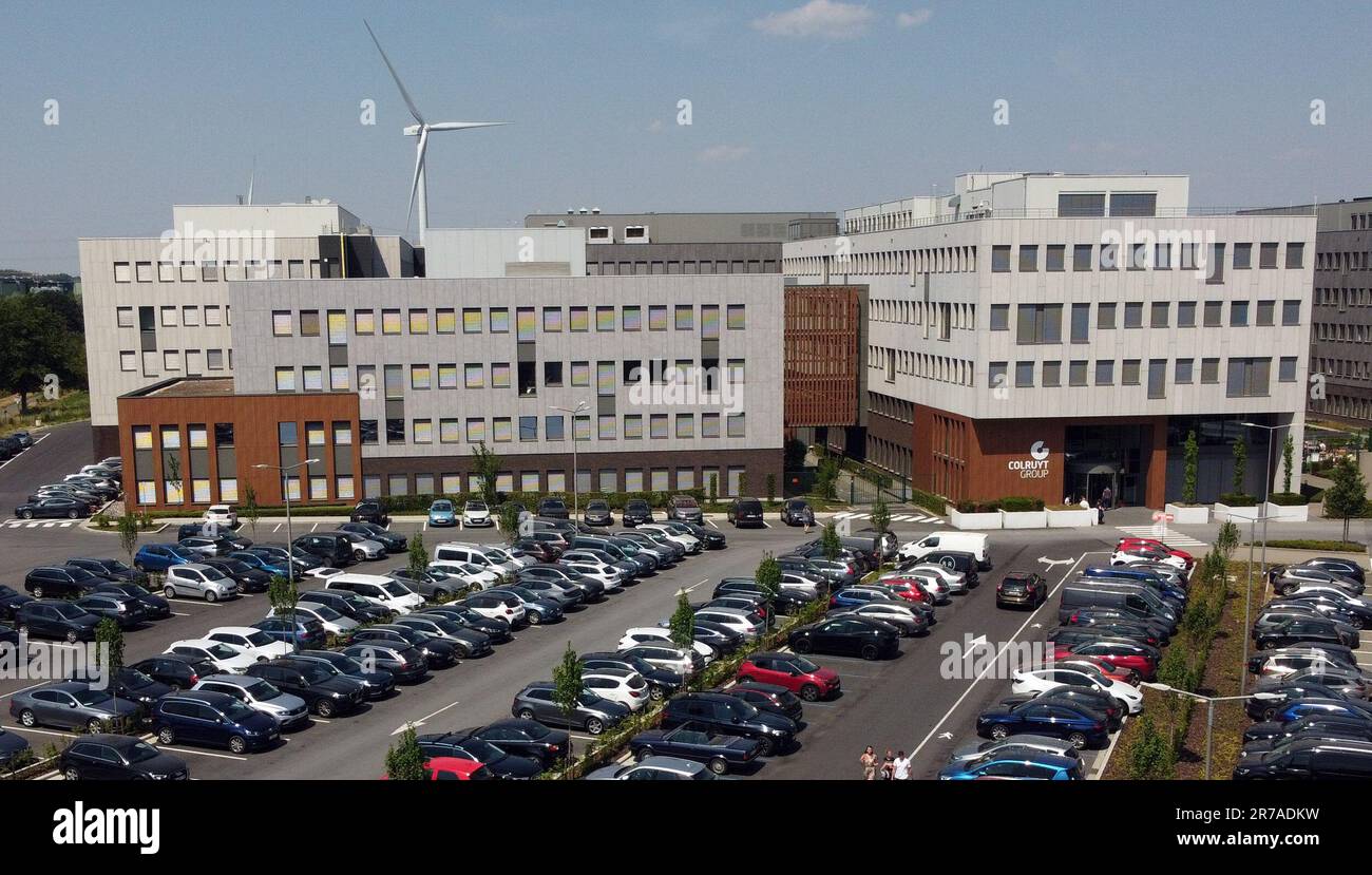 Aerial drone picture shows the headquarters and main site of Colruyt ...