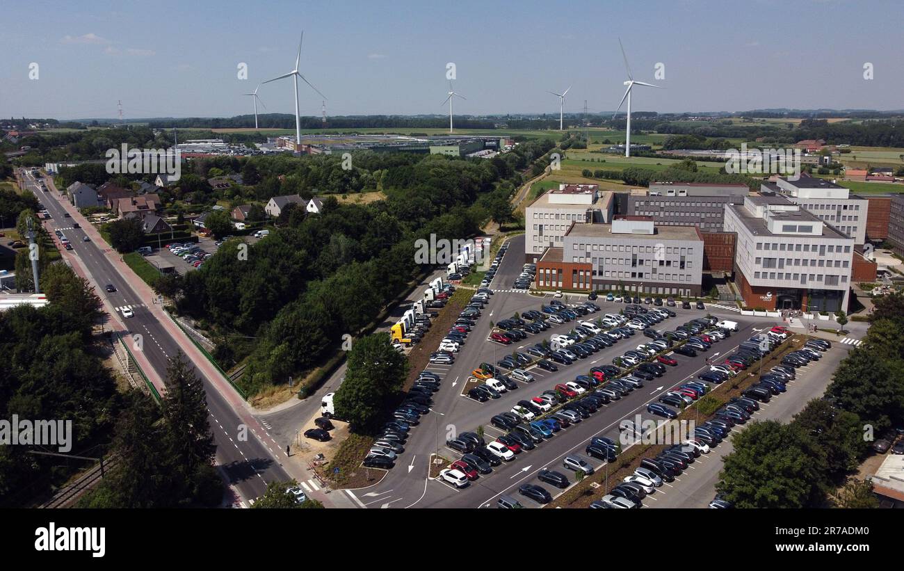 Aerial drone picture shows the headquarters and main site of Colruyt ...
