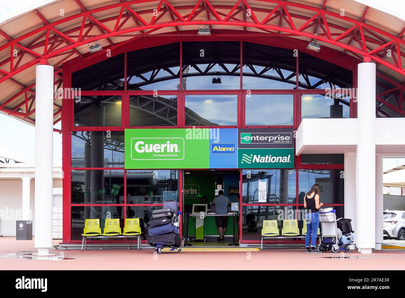 Guerin, Alamo, Enterprise and National car hire outlet and cusstomer desk, at FAro airport, Algarve, Portugal Stock Photo
