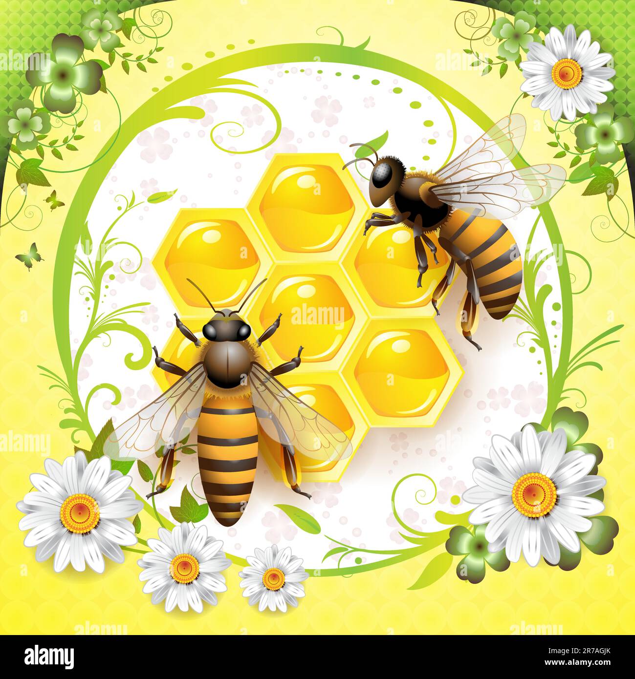 Two bees and honeycombs isolated over springtime background Stock Vector